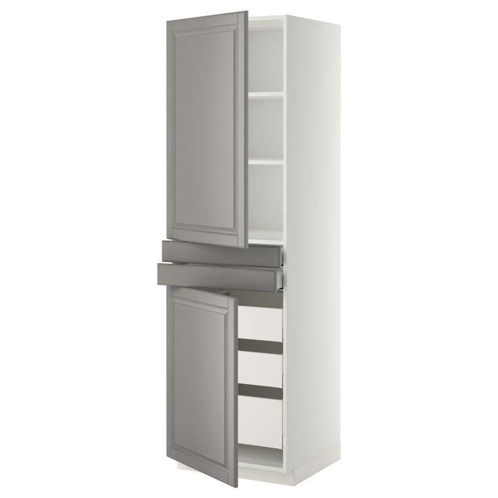 Высокий шкаф + полки, 5 ящиков, 2 дверцы, 2 фронтальных МЕТОД / МАКСИМЕРА, белый, Будбин серый - фото 1