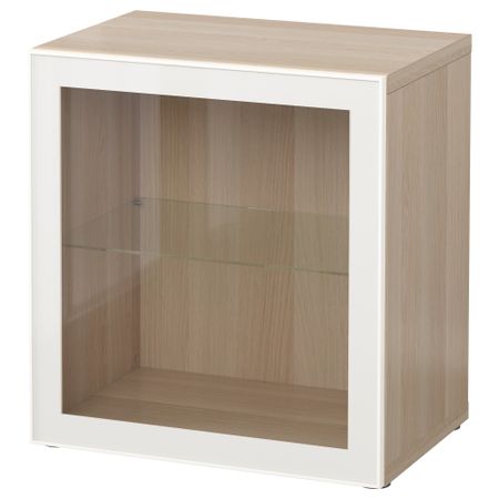 Стеллаж со стеклянной дверью БЕСТО, под беленый дуб, Глассвик белый/прозрачное стекло (60x40x64 см)