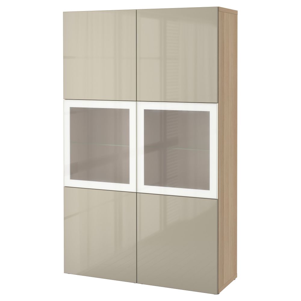Комбинация для хранения со стеклянными дверцами БЕСТО, под беленый дуб, Сельсвикен глянцевый/бежевый матовое стекло (120x40x192 - фото 1
