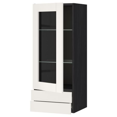 Навесной шкаф, стеклянная дверца, 2 ящика МЕТОД / ФОРВАРА, черный, Сэведаль белый