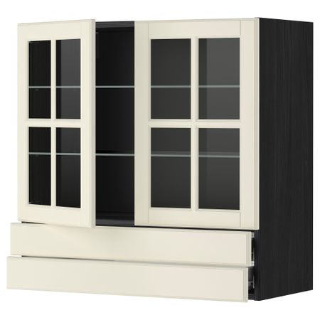 Навесной шкаф, 2 стеклянные дверцы, 2 ящика МЕТОД / ФОРВАРА, черный, Будбин белый с оттенком