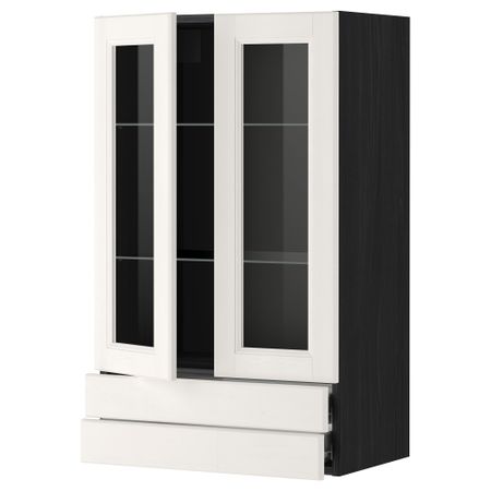 Навесной шкаф, 2 стеклянные дверцы, 2 ящика МЕТОД / ФОРВАРА, черный, Лаксарби белый