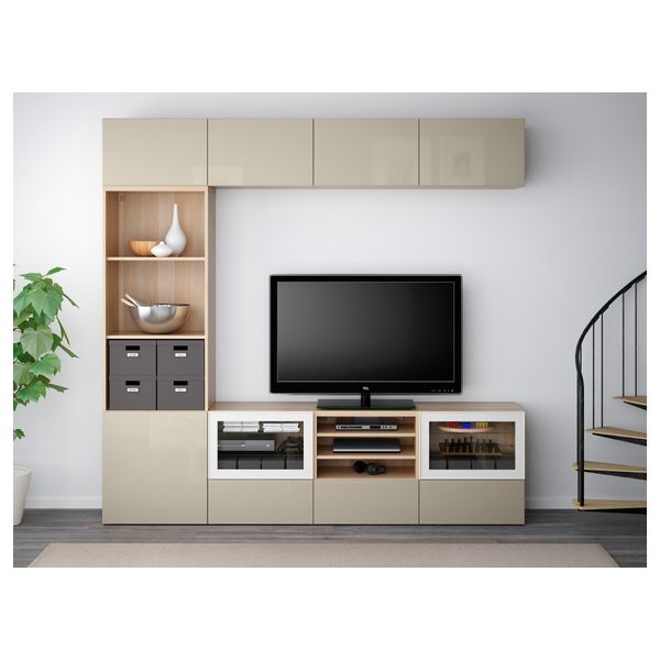 Шкаф для ТВ, комбинированный, стекляные дверцы БЕСТО, под беленый дуб, Сельсвикен глянцевый/бежевый прозрачное стекло - фото 2