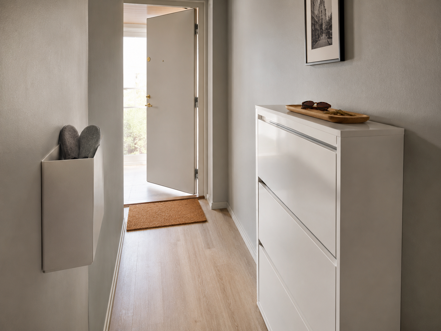 Четыре галошницы IKEA (STÄLL, BISSA, HEMNES, TRONES) рядом в светлой прихожей