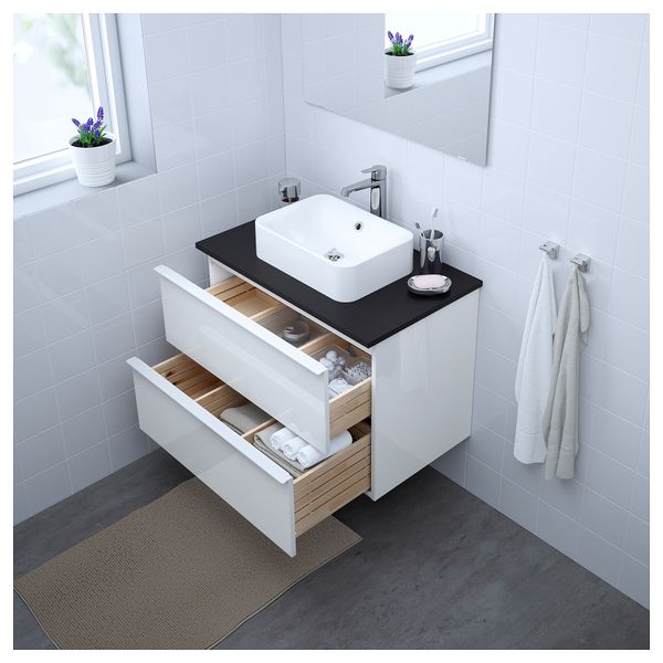 Шкаф со столешницей 45x32 раковина ГОДМОРГОН/ТОЛКЕН / ХОРВИК, глянцевый белый, антрацит (82x49x72 см) - фото 3