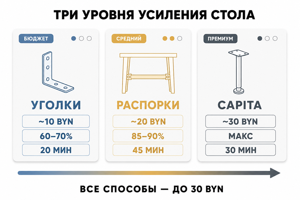 Инфографика: сравнение трёх способов укрепления — уголки, распорки, CAPITA