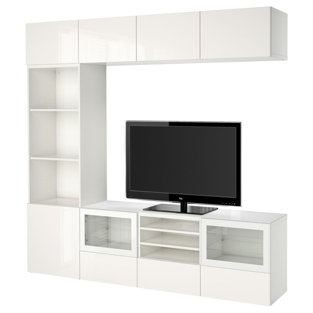 Шкаф для ТВ, комбинированный, стекляные дверцы БЕСТО, белый, Сельсвикен глянцевый/белый прозрачное стекло (240x40x230 см) - фото 1