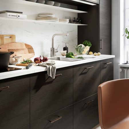 Шкаф под мойку БРЕДШЁН/1фасад/2ящика, белый Аскерсунд/темно-коричневый под ясень 60x60 см IKEA METOD МЕТОД / MAXIMERA МАКСИМЕРА