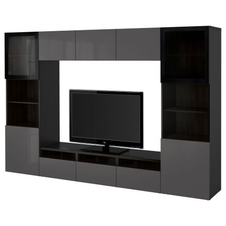 Шкаф для ТВ, комбинированный, стекляные дверцы БЕСТО, черно-коричневый, Сельсвикен глянцевый/серый прозрачное стекло (300x40x192