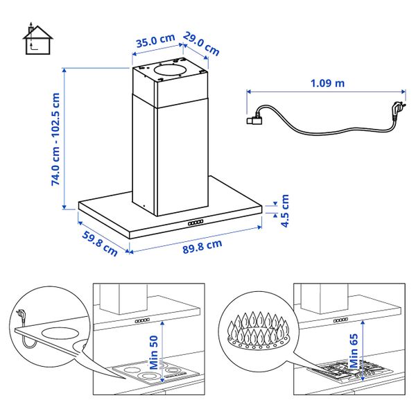Колпак вытяжного шкафа потолочного крепл, нержавеющая сталь 90 см IKEA SVÄVANDE СВЭВАНДЕ 303.942.70 - фото 6