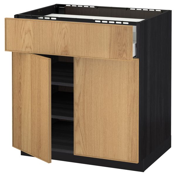 Напольный шкаф для варочной панели, ящик, полка, 2 дверцы МЕТОД / МАКСИМЕРА, черный, Экестад дуб - схема-чертеж с размерами