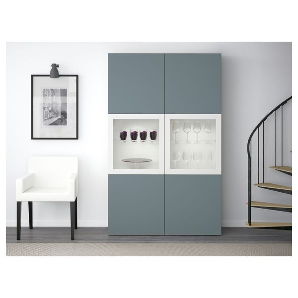 Комбинация для хранения со стеклянными дверцами БЕСТО, белый, Вальвикен серо-бирюзовый, прозрачное стекло - фото 2