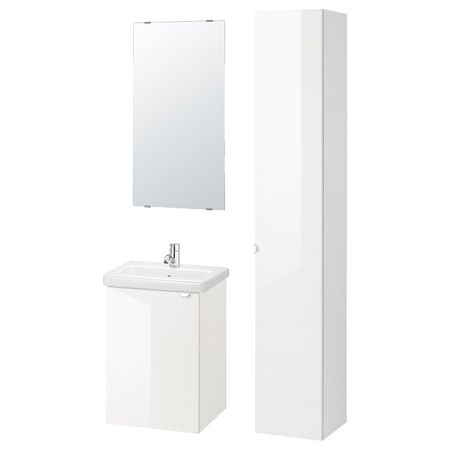 Комплект мебели для ванной,7 предм., глянцевый белый/ПИЛКОН смеситель 44x43x65 см IKEA FISKÅN ФИСКОН / TVÄLLEN ТВЭЛЛЕН