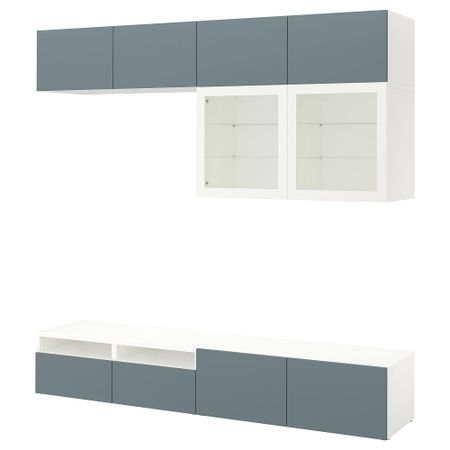 Шкаф для ТВ, комбинированный, стекляные дверцы БЕСТО, белый, Вальвикен серо-бирюзовый, прозрачное стекло (240x40x230 см)
