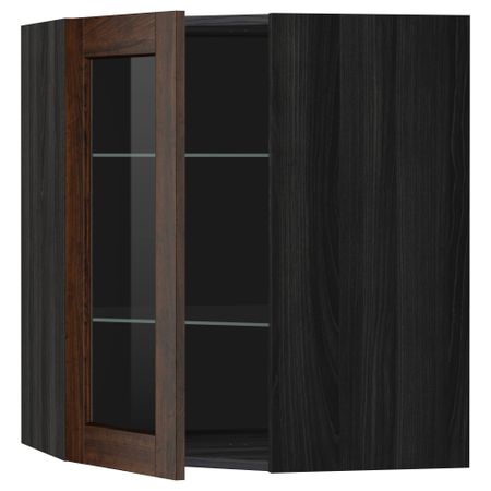 Угловой навесной шкаф с полками, стекляными дверцами МЕТОД, черный, Эдсерум коричневый