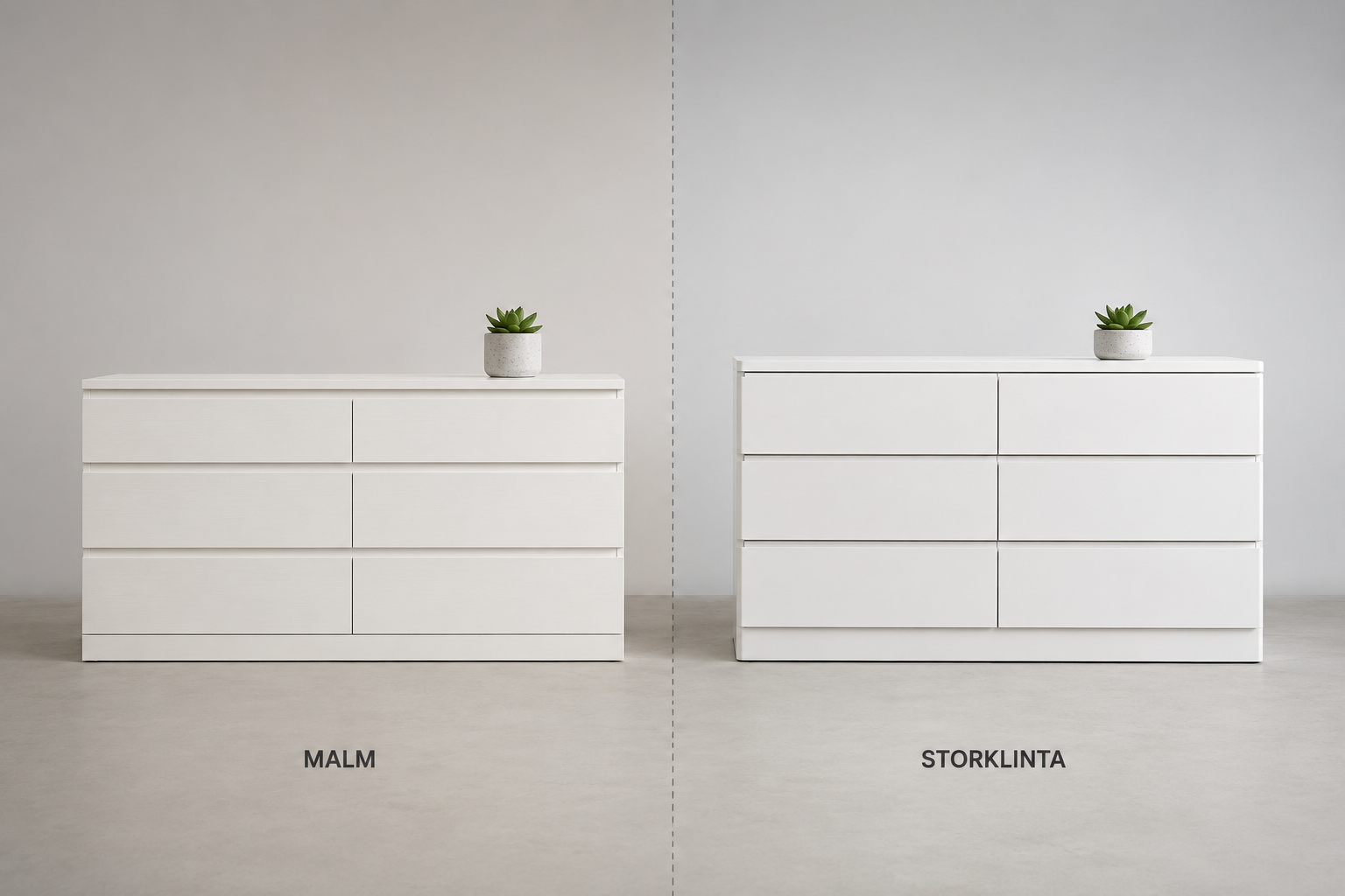 Два белых комода с 6 ящиками рядом: слева MALM, справа STORKLINTA — визуальное сравнение фасадов и фурнитуры