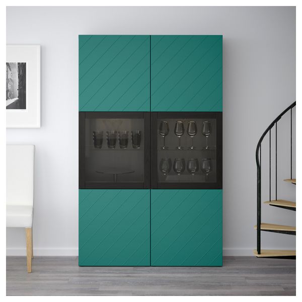 Комбинация для хранения со стеклянными дверцами БЕСТО, черно-коричневый Халлставик, сине-зеленый прозрачное стекло (120x40x192 - фото 2