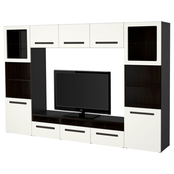 Шкаф для ТВ, комбинированный, стекляные дверцы БЕСТО, черно-коричневый, Марвикен белый прозрачное стекло (300x40x192 см) - фото 1