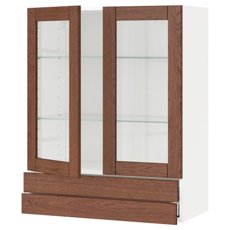 Навесной шкаф, 2 стеклянные дверцы, 2 ящика МЕТОД / МАКСИМЕРА, белый, Филипстад коричневый