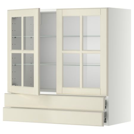Навесной шкаф, 2 стеклянные дверцы, 2 ящика МЕТОД / ФОРВАРА, белый, Будбин белый с оттенком