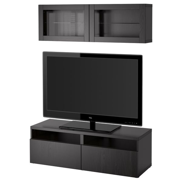 Шкаф для ТВ, комбинированный, стекляные дверцы БЕСТО, Лаппвикен, Синдвик черно-коричневый прозрачное стекло (120x20/40x166 см) - фото 1