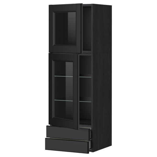 Навесной шкаф, 2 стеклянные дверцы, 2 ящика МЕТОД / МАКСИМЕРА, черный, Лаксарби черно-коричневый - фото 1