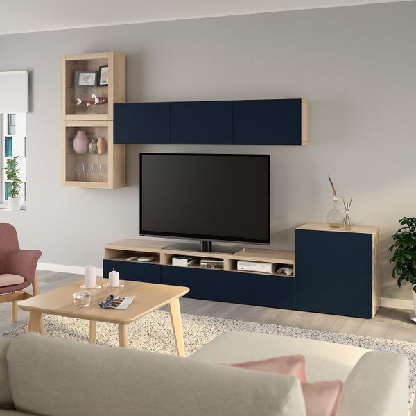 Шкаф для ТВ, комбинированный, стекляные дверцы, под беленый дуб, Нотвикен синий, 300x42x211 см IKEA БЕСТО 393.007.24 - фото 2