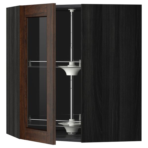 Угловой навесной шкаф с вращающающейся секцией, стеклянными дверцами МЕТОД, черный, Эдсерум коричневый - схема-чертеж с размерами