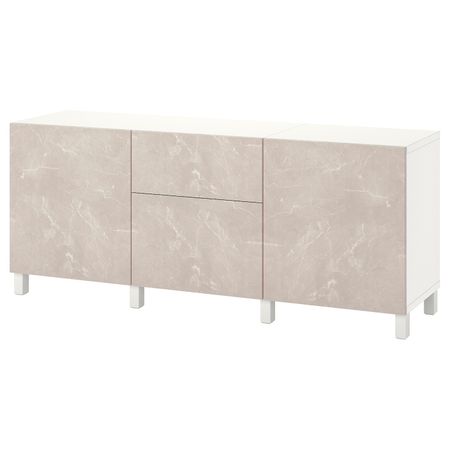Комбинация для хранения с ящиками, белый БЕРГСВИКЕН/СТУБ/бежевый под мрамор 180x42x74 см IKEA BESTÅ БЕСТО 994.355.17