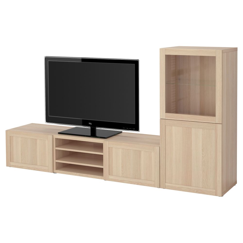 Шкаф для ТВ, комбинированный, стекляные дверцы БЕСТО, Ханвикен, Синдвик под беленый дуб, прозрачное стелко (240x40x128 см) - фото 1