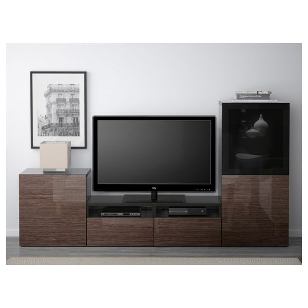 Шкаф для ТВ, комбинированный, стекляные дверцы БЕСТО, черно-коричневый, Сельсвикен глянцевый/коричневый дымчат стекло - фото 2