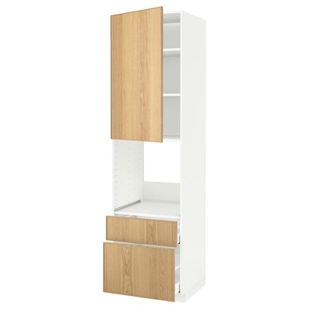 Высокий шкаф для духовки + дверца, 2 фронтальные панели, 1 средняя, 1 встроенный ящ, белый/Экестад дуб 60x60x220 см IKEA METOD