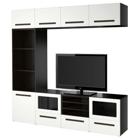 Шкаф для ТВ, комбинированный, стекляные дверцы БЕСТО, черно-коричневый, Марвикен белый прозрачное стекло (240x40x230 см)