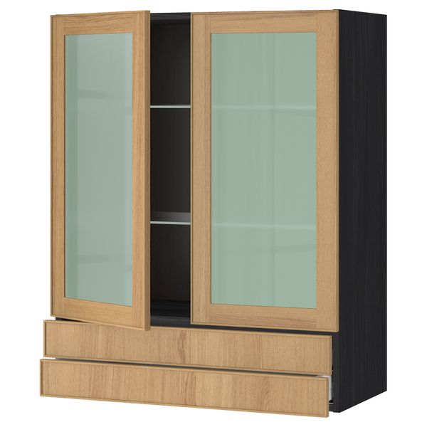 Навесной шкаф, 2 стеклянные дверцы, 2 ящика МЕТОД / МАКСИМЕРА, черный, Экестад дуб - схема-чертеж с размерами