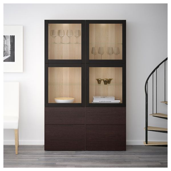 Комбинация для хранения со стеклянными дверцами БЕСТО, под беленый дуб Синдвик, Инвикен черно-коричневый прозрачное стекло - фото 2