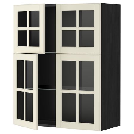 Навесной шкаф с полками, 4 стекло дверцы МЕТОД, черный, Будбин белый с оттенком (80x100 см)