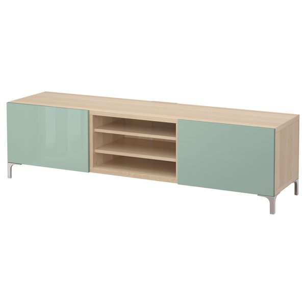 Тумба для ТВ с ящиками БЕСТО, под беленый дуб, Сельсвикен глянцевый/серо-зеленый светлый (180x40x48 см) - фото 1