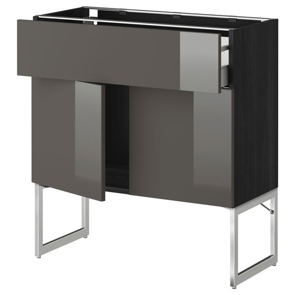 Напольный шкаф, полки, ящик, 2 двери МЕТОД / МАКСИМЕРА, черный, Рингульт серый - схема-чертеж с размерами