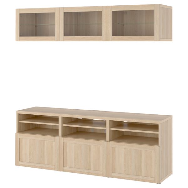 Комбинация для ТВ/стеклянные дверцы, под беленый дуб Синдвик/Ханвикен под беленый дуб, прозрачное стелко 180x42x192 см IKEA - фото 1