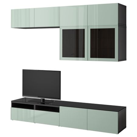 Шкаф для ТВ, комбинированный, стекляные дверцы БЕСТО, черно-коричневый Сельсвикен, глянцевый/серо-зеленый светлый прозрачное
