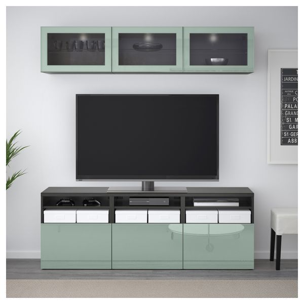 Шкаф для ТВ, комбинированный, стекляные дверцы БЕСТО, черно-коричневый Сельсвикен, глянцевый/серо-зеленый светлый прозрачное - фото 2