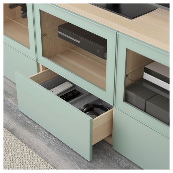 Тумба под ТВ, с дверцами и ящиками БЕСТО, под беленый дуб Сельсвикен, глянцевый/серо-зеленый светлый прозрачное стекло - фото 3