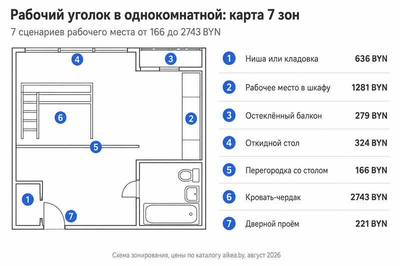 Карта однокомнатной квартиры сверху: 7 зон для рабочего уголка с мебелью и бюджетами от 166 до 3209 BYN