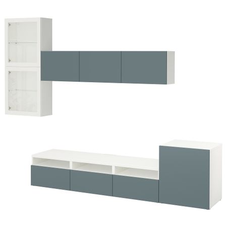 Шкаф для ТВ, комбинированный, стекляные дверцы БЕСТО, белый, Вальвикен серо-бирюзовый, прозрачное стекло