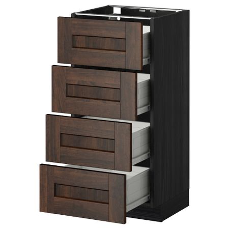 Напольный шкаф 4 фронтальных панели, 4 ящика МЕТОД / ФОРВАРА, черный, Эдсерум коричневый