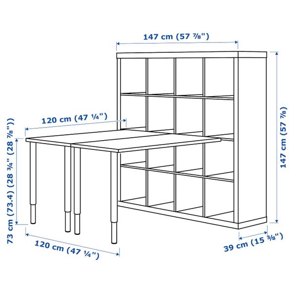 Стол, комбинация, белый, синий 147x147x159 см IKEA KALLAX КАЛЛАКС 792.281.18 - схема-чертеж с размерами