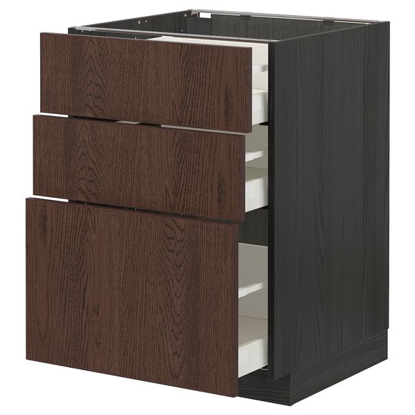 Напольный шкаф с 3 ящиками, черный, Sinarp коричневый, 60x60 см IKEA METOD МЕТОД, MAXIMERA МАКСИМЕРА 994.057.23 - фото 1
