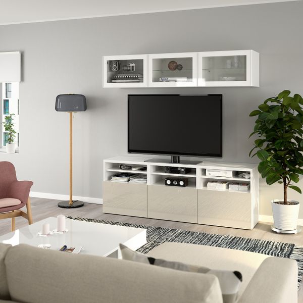 Шкаф для ТВ, комбинированный, стекляные дверцы, белый/Сельсвикен глянцевый, бежевый прозрачное стекло 180x42x192 см IKEA BESTÅ - фото 6