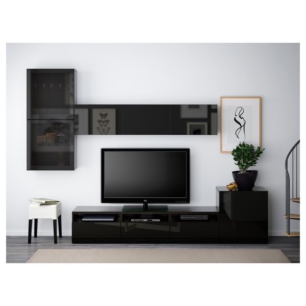 Шкаф для ТВ, комбинированный, стекляные дверцы БЕСТО, черно-коричневый, Сельсвикен глянцевый/черный дымчатое стекло - фото 2