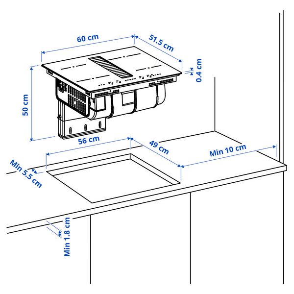 TÄCKNAN Индукционная панель/вытяжка - ИКЕА 300 чёрный 60 см - схема-чертеж с размерами